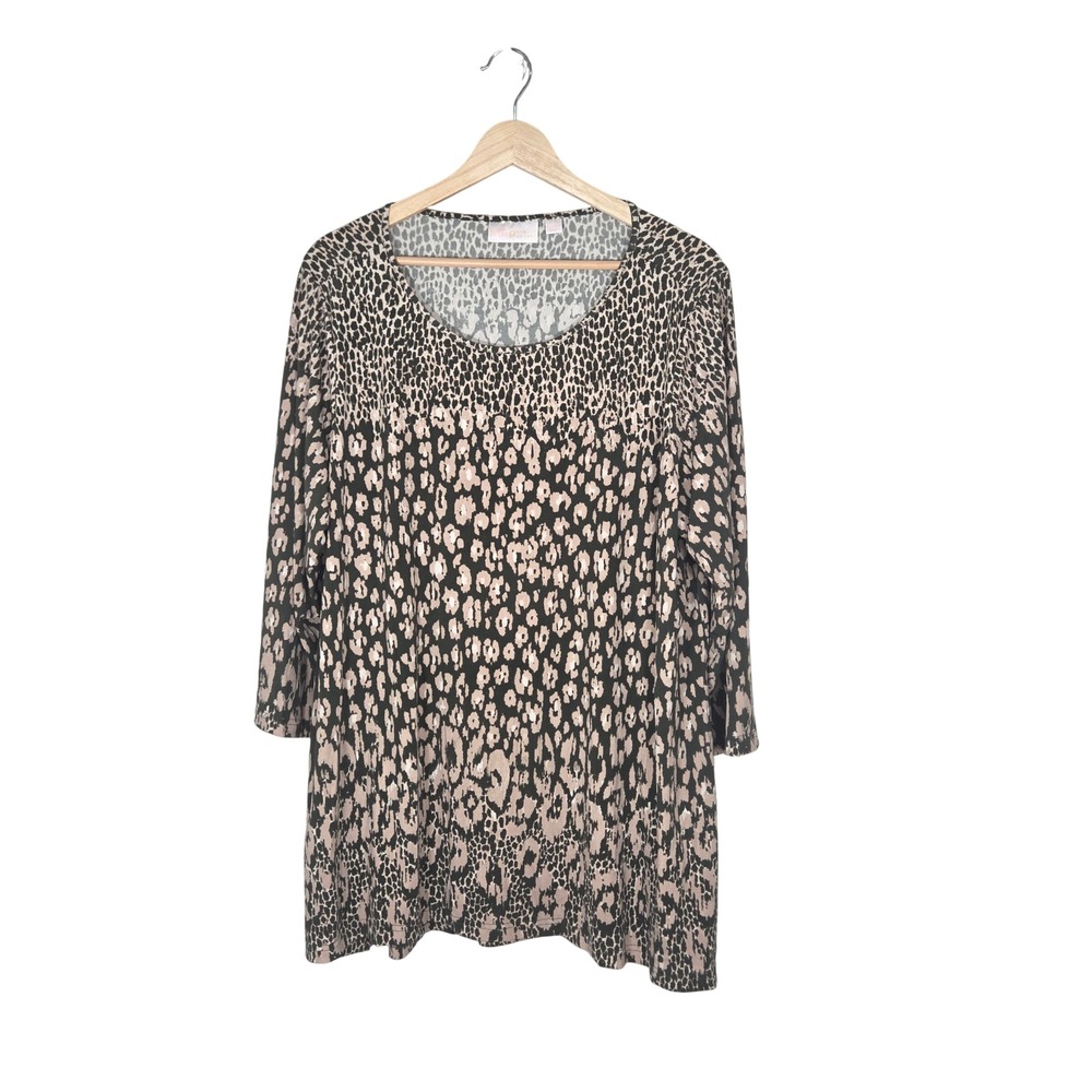 Belle by Kim Gravel Leopard Print Tunic Top XL 3/4 Sleeve Animal Print Blouse